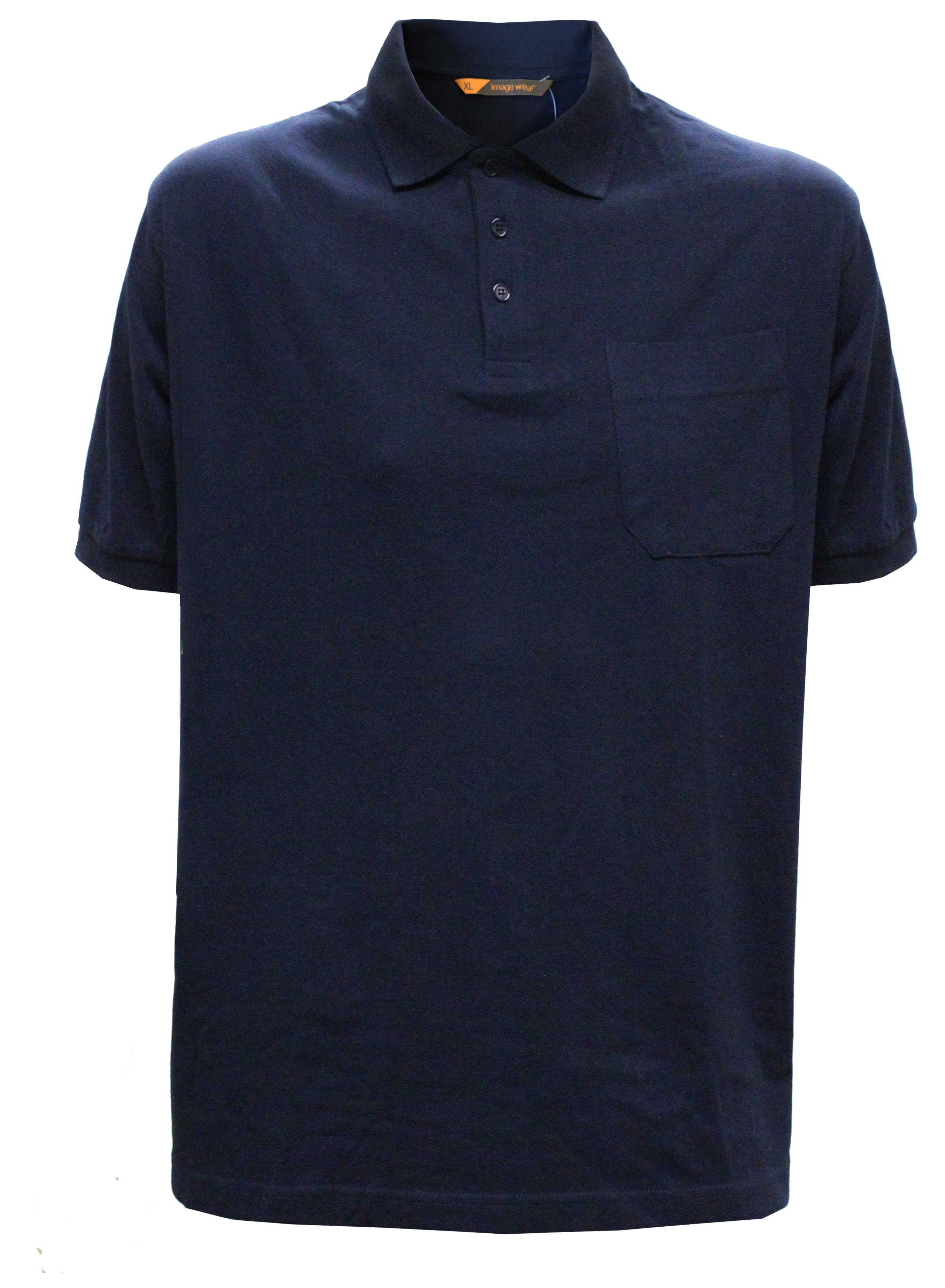 Tummansininen lyhythihainen pikeepaita. Rintatasku ja kaulukset. Nappilistassa 3 nappia. 