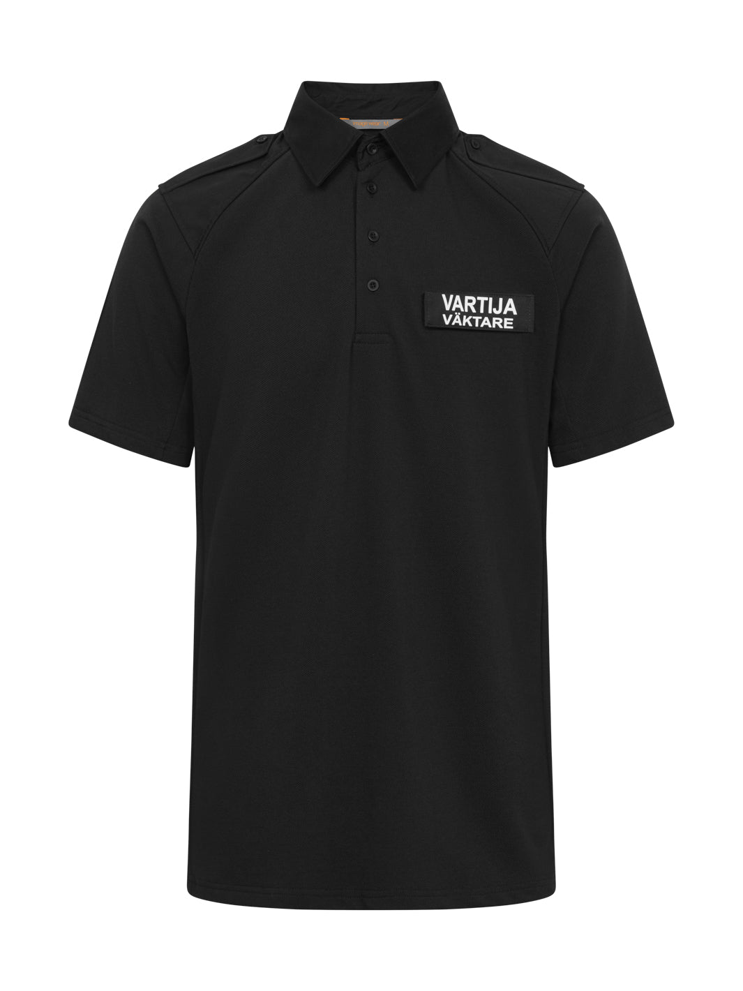 Image Wearin musta vartijan pikeepaita. Lyhyet raglanhihat. Olalla poletit. Rinnassa vartijan irtomerkki. 