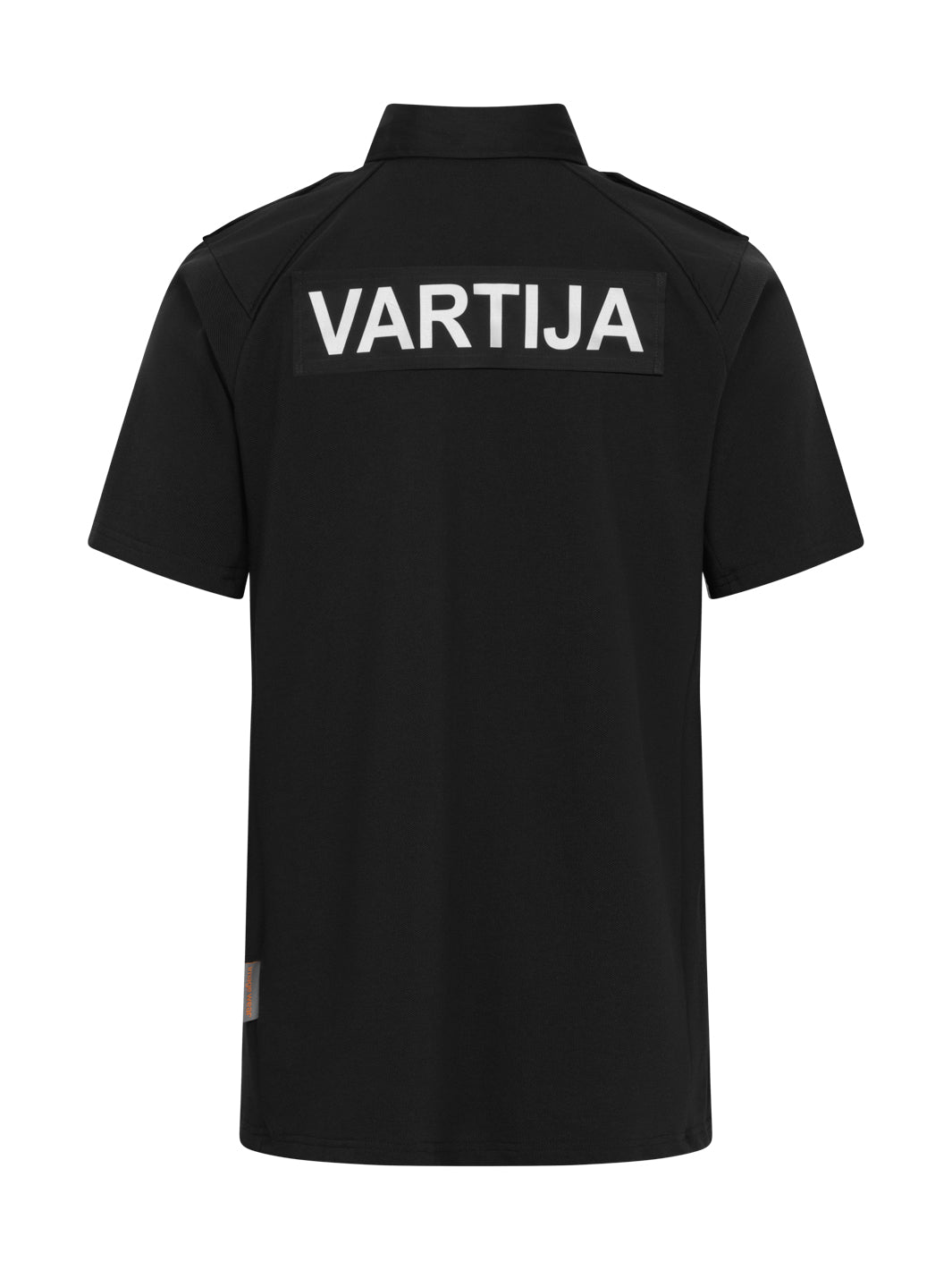 Musta lyhythihainen vartijan pikeepaita takaapäin kuvattuna. 