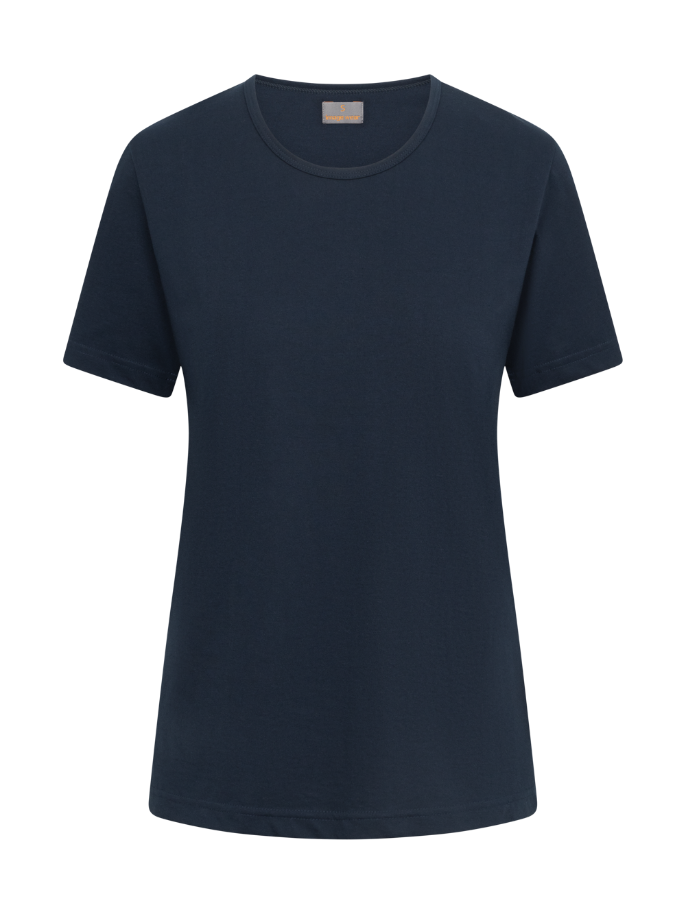 Kuvassa tummansininen naisten lyhythihainen t-paita pyöreällä pääntiellä. Aavistuksen tyköistuva.