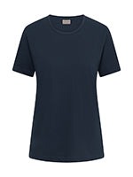 Tummansininen naisten lyhythihainen t-paita. Pyöreä pääntie. 