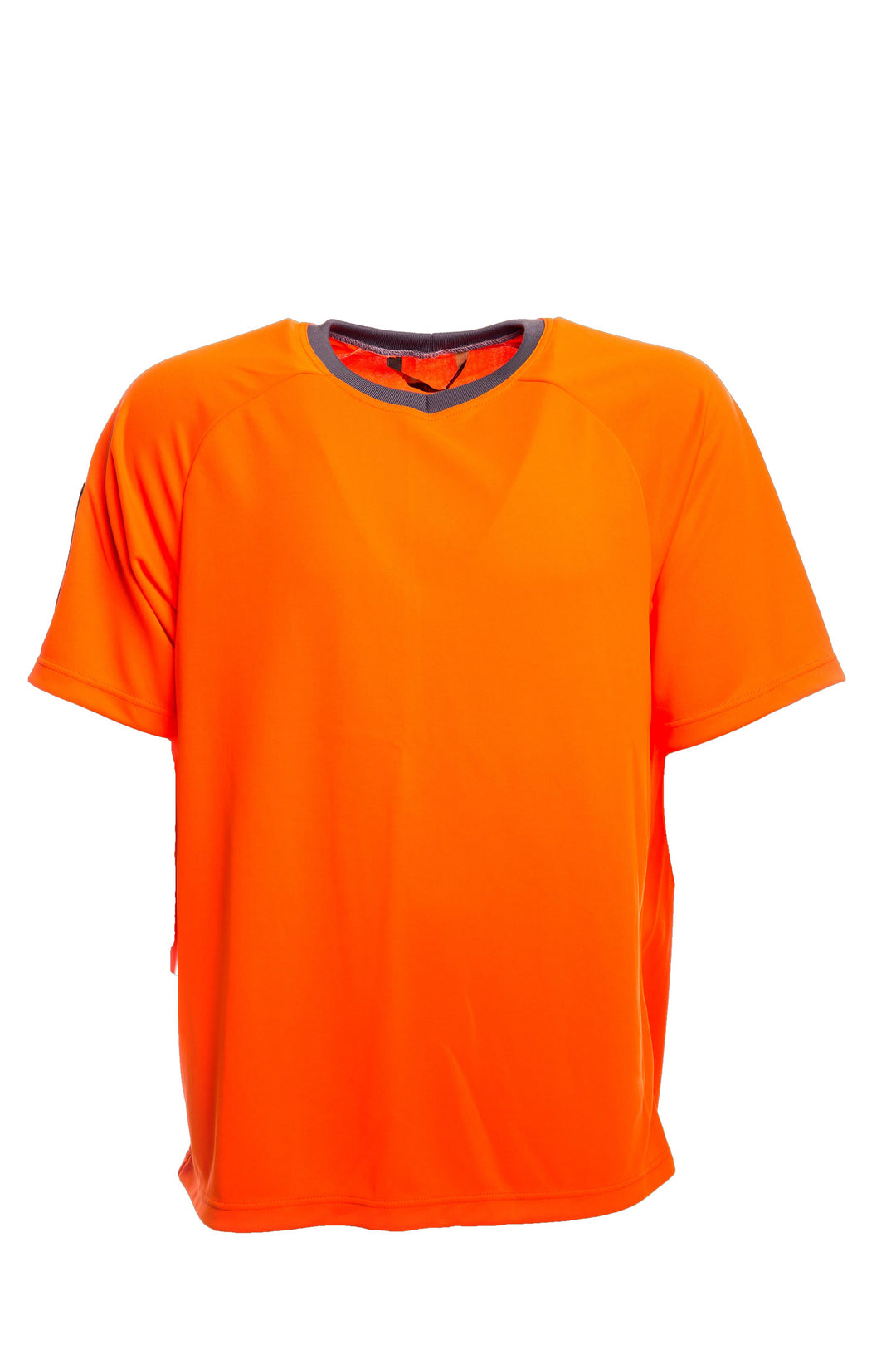 Näkyvä oranssi varoitus T-paita. harmaalla kantattu O-pääntie. Hihassa ID korttikotelo. 