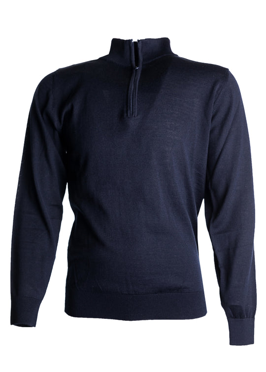 Image Wearin tummansininen neulepusero, merinovillaa. Pieni pystykaulus, jossa vetoketju. 