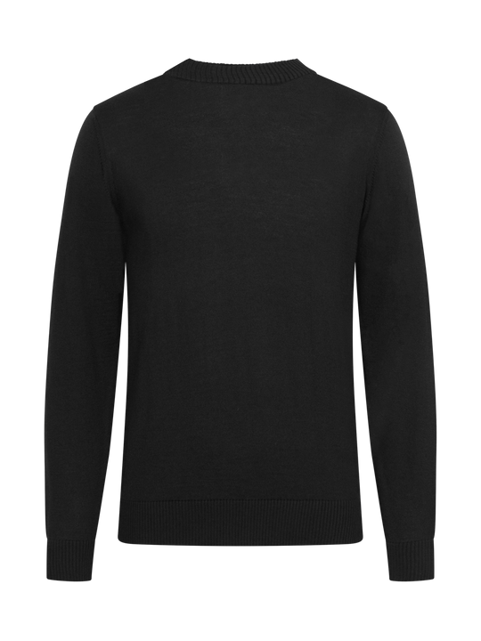 Musta neuletakki takaapäin kuvattuna. 