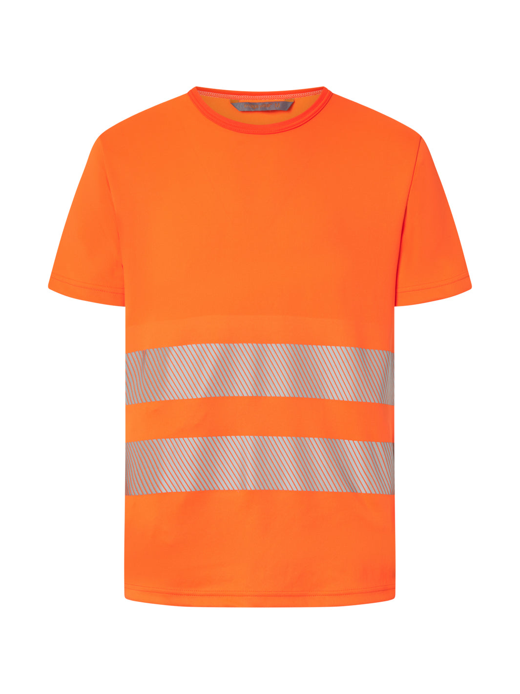 Image Wearin valikoiman oranssi varoitus t-paita jossa  heijastinnauhaa miehustassa. Pyöreä pääntie. 