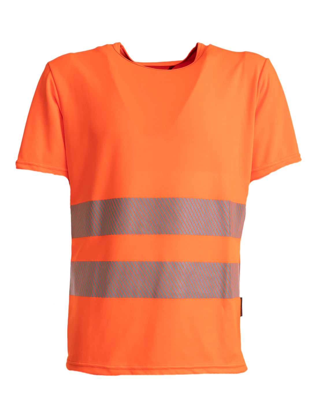 Oranssi lyhythihainen varoitus t-paita, jossa heijastimet edessä. Pyöreä pääntie. 
