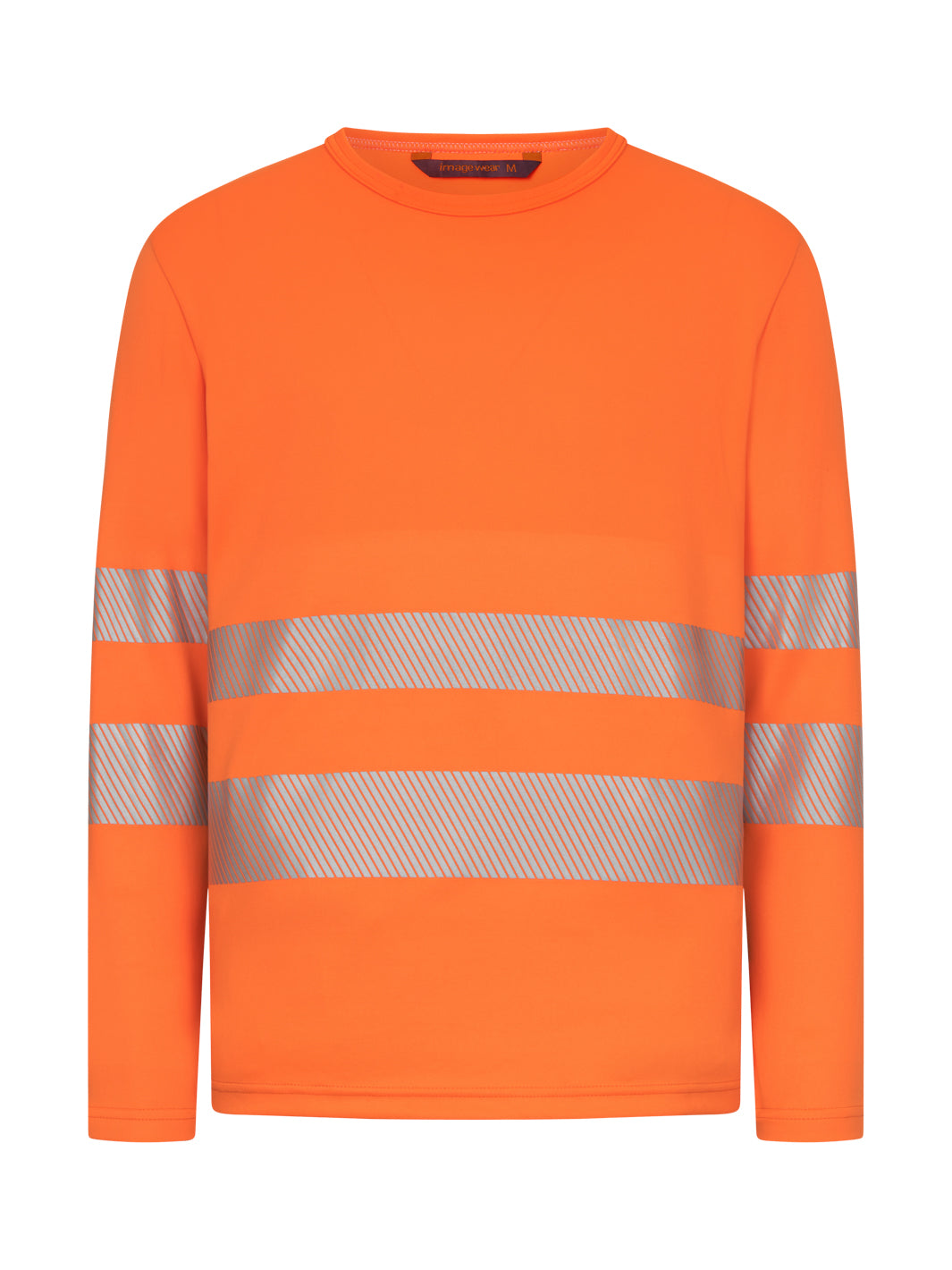 Oranssi näkyvä varoituspaita pitkillä hihoilla. Miehustassa ja hihoissa heijastinnauhat. Pyöreä pääntie. 