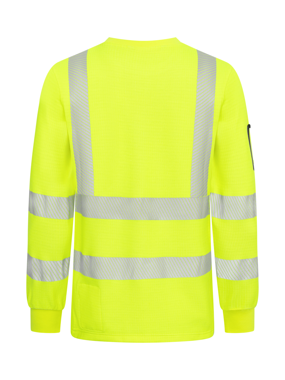 Palosuojattu, pitkähihainen varoituspaita keltaisena takaapäin kuvattuna. Heijastinnauhat olalla, hihoissa ja miehustassa. Oikeassa hihassa henkilökorttikotelo. 