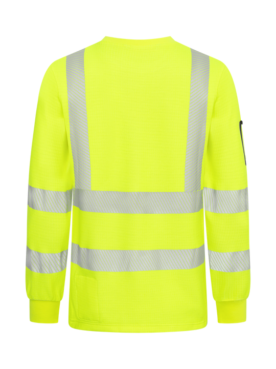 Palosuojattu, pitkähihainen varoituspaita keltaisena takaapäin kuvattuna. Heijastinnauhat olalla, hihoissa ja miehustassa. Oikeassa hihassa henkilökorttikotelo. 