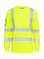 Palosuojattu, pitkähihainen varoituspaita keltaisena. Heijastinnauhat olalla, hihoissa ja miehustassa. Oikeassa hihassa henkilökorttikotelo. 