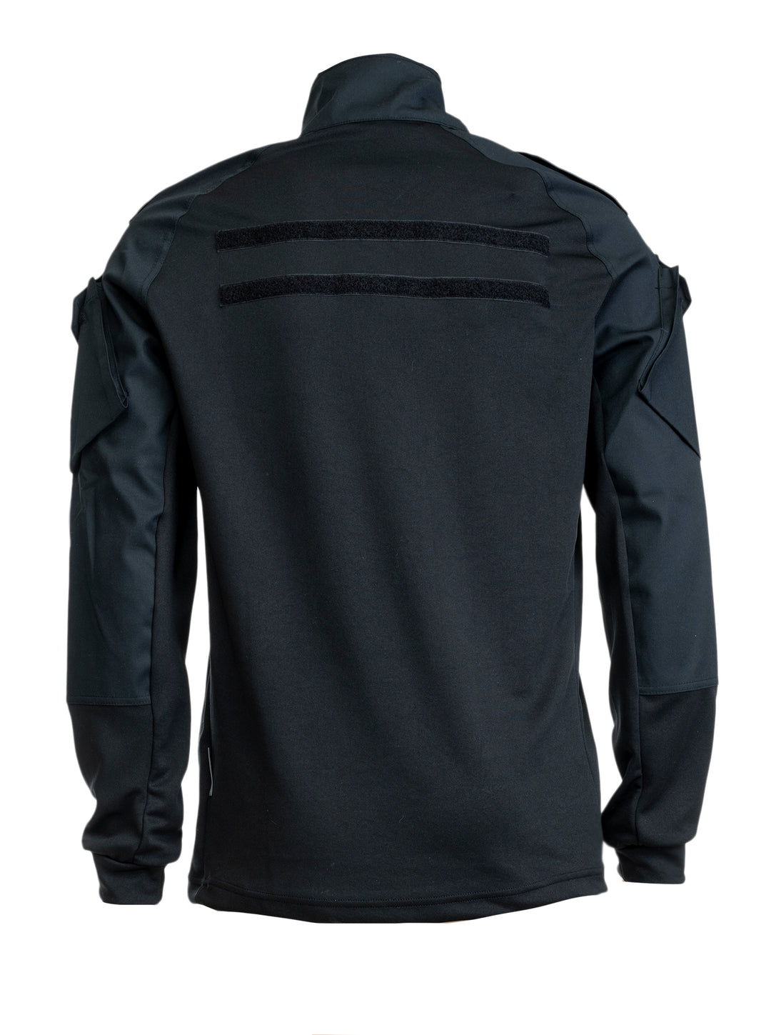 Musta vartijan kenttäpaita takaapäin kuvattuna. Selässä tarrapaikka vartija- ja järjestyksenvalvoja-merkille.