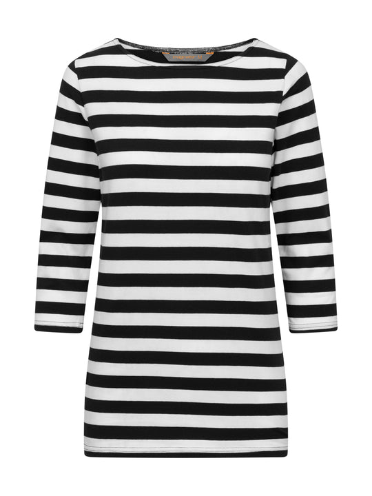 Naisten mustavalkoraidallinen trikoopaita. Vene-pääntie. 3/4-mittaiset hihat. Pituus lantiolle. 