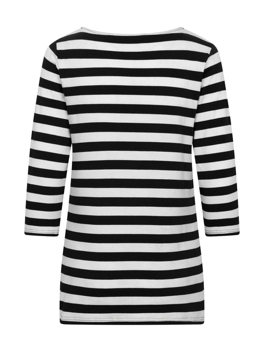 Naisten mustavalkoraidallinen trikoopaita takaapäin kuvattuna. 