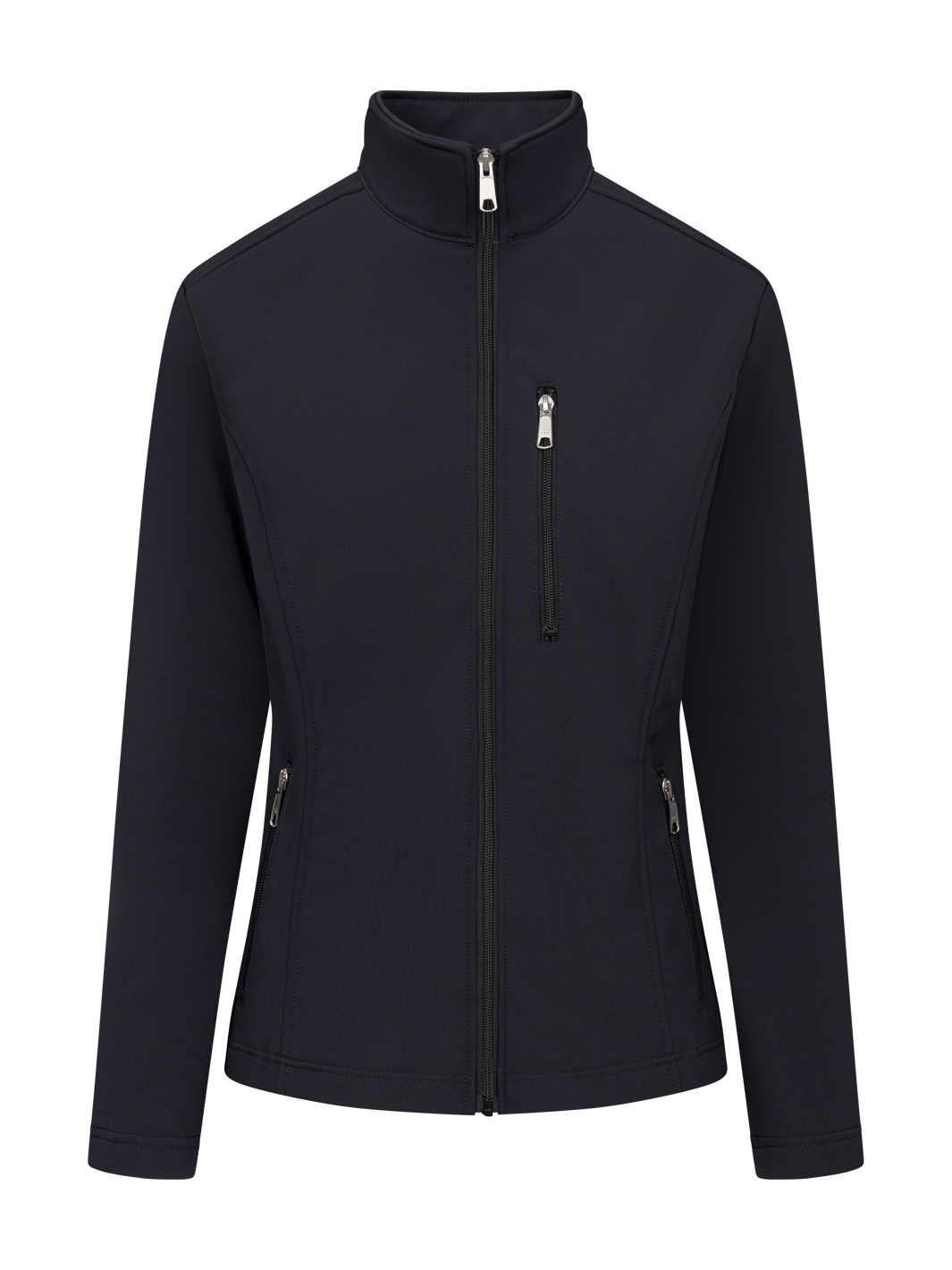 Tummansininen naisten softshell-takki. Edessä vetoketju ja vetoketjulliset taskut sekä rintatasku. 