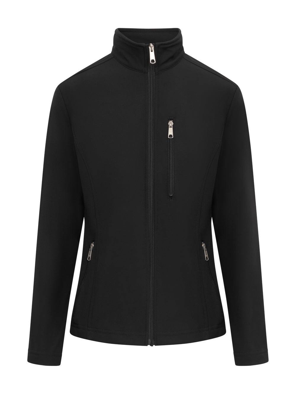 Naisten musta softshell-takki. Edessä vetoketju ja vetoketjulliset taskut. Pieni pystykaulus. 