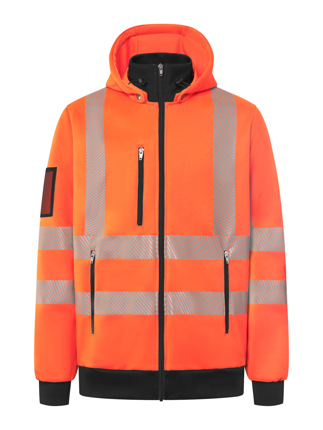 Varoitushuppari oranssissa värissä. Vetoketjukiinnitys edessä ja vetoketjulliset alataskut ja rintatasku. Oikeassa hihassa korttikotelo. Heijastinnauhat. Resorit hihansuissa ja helmassa. 