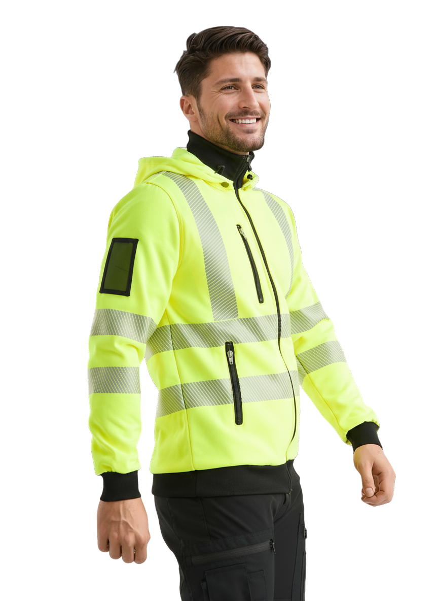 Kuvassa miesmallilla keltainen varoitushuppari, lk2-3 koosta riippuen. Jalassa mallilla mustat joustavat reisitaskuhousut. 