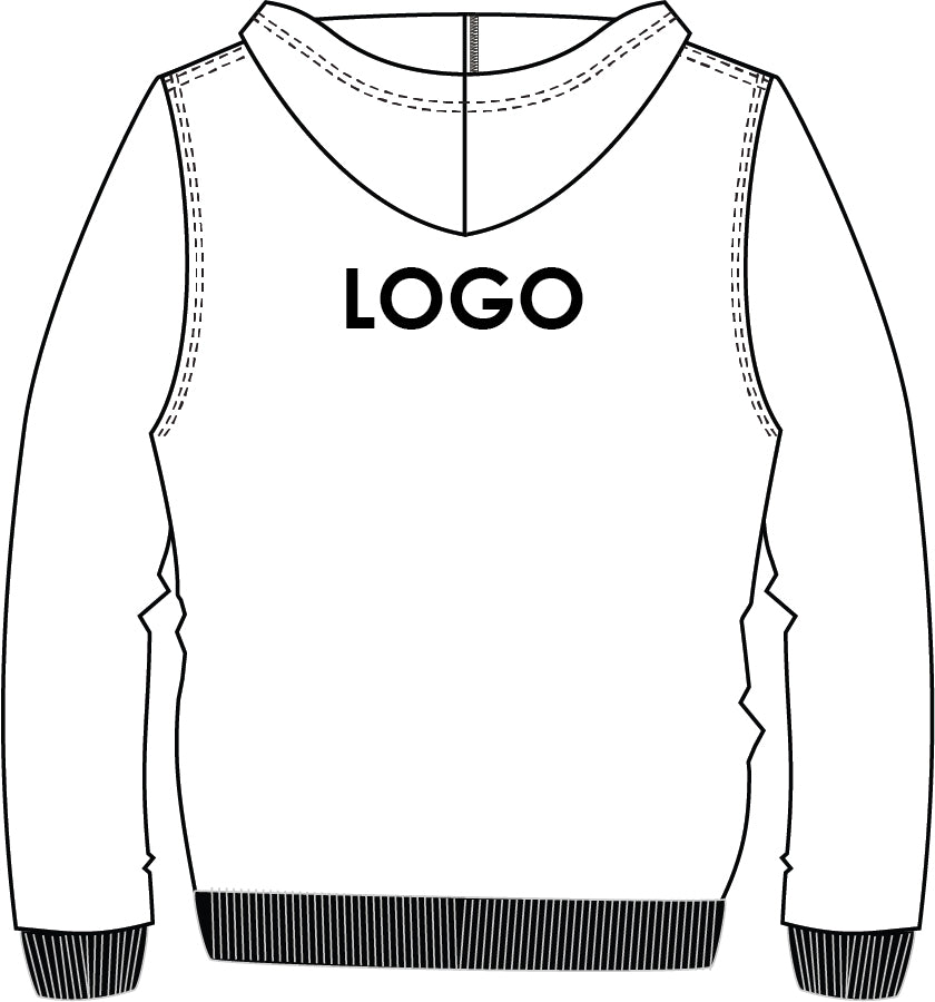 Piirroskuva esimerkkinä mihin kohtaan collegetakin yläselkään voidaan laittaa logopainatus.