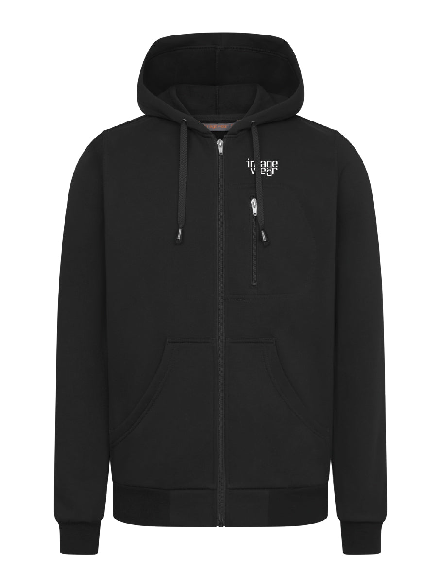 Kuva Image Wearin mustasta collegetakista, johon on esimerkkinä painettu Image Wearin yrityslogo valkoisella vasempaan rintaan.