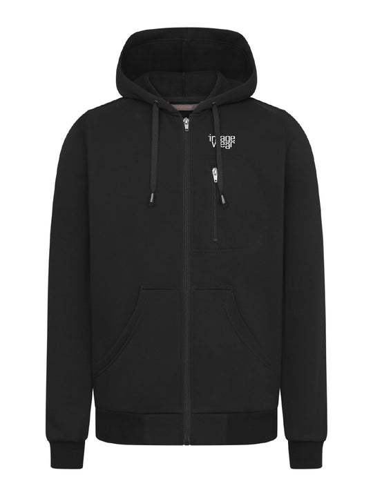 Kuva Image Wearin mustasta collegetakista, johon on esimerkkinä painettu Image Wearin yrityslogo valkoisella vasempaan rintaan.