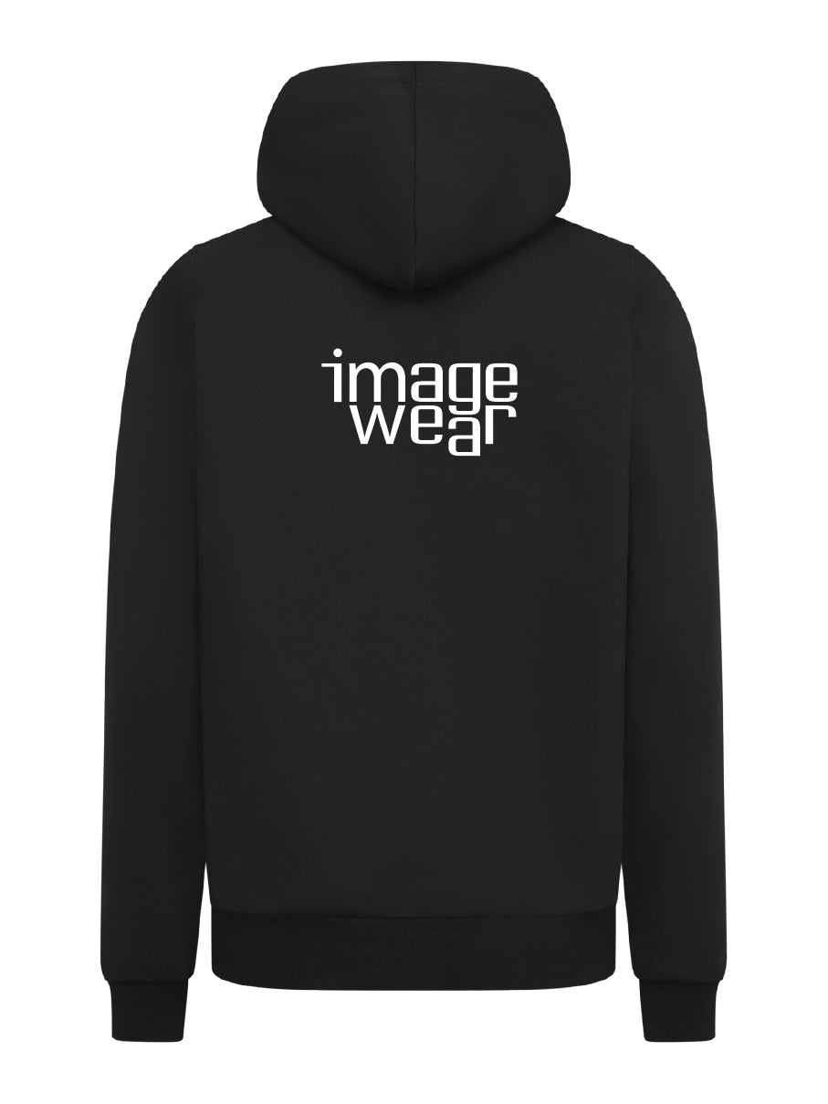 Kuva Image Wearin mustasta collegetakista, johon on esimerkkinä painettu Image Wearin yrityslogo valkoisella yläselkään.