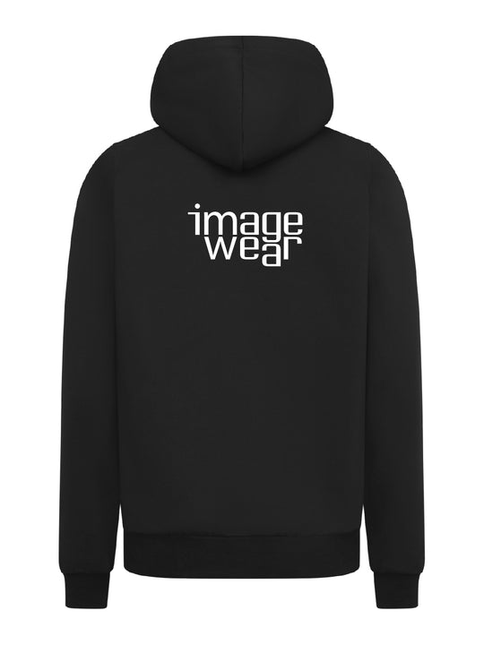 Kuva Image Wearin mustasta collegetakista, johon on esimerkkinä painettu Image Wearin yrityslogo valkoisella yläselkään.
