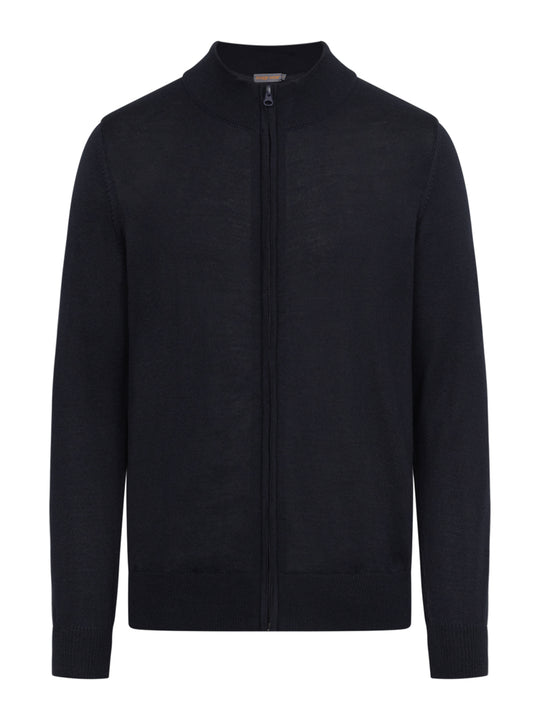 Tummansininen vetoketjullinen neuletakki. Unisex malli. 