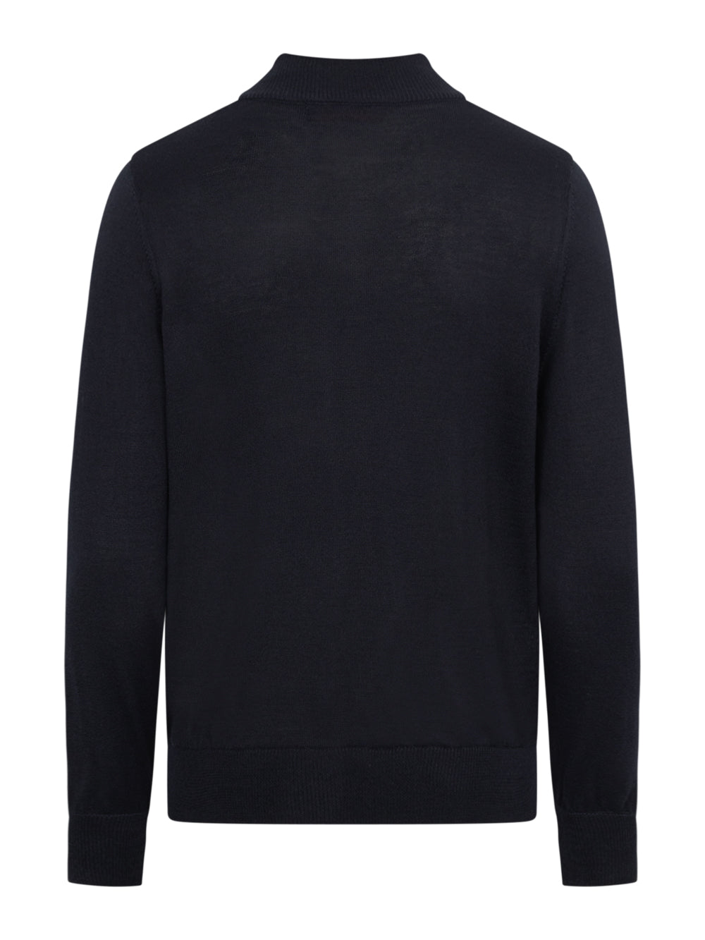 Tummansininen vetoketjullinen neuletakki takaapäin kuvattuna. 