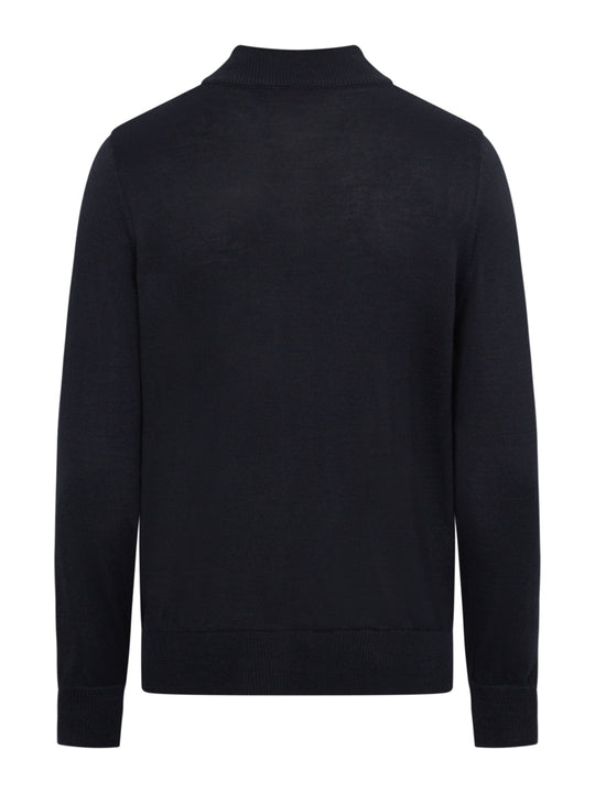 Tummansininen vetoketjullinen neuletakki takaapäin kuvattuna. 