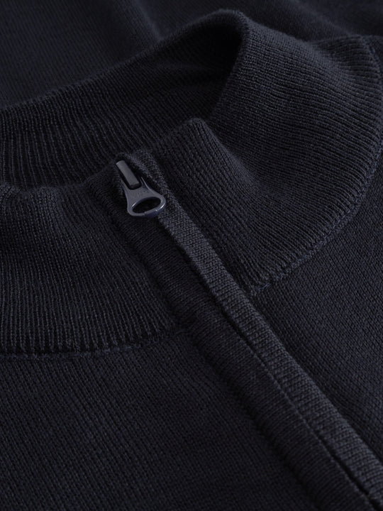 Yksityiskohtakuva tummansinisen neuletakin kauluksesta ja etuvetoketjusta. 