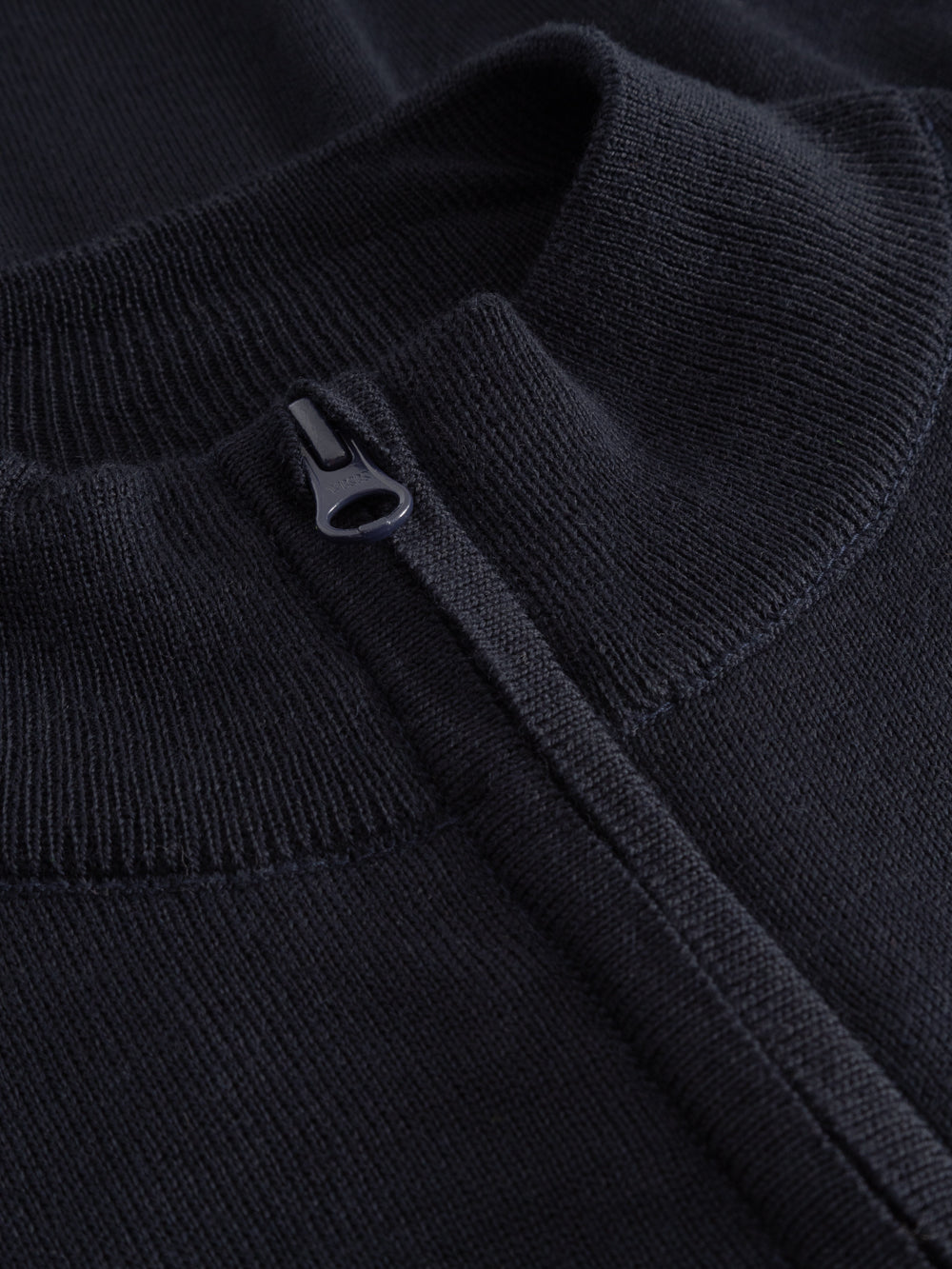 Yksityiskohtakuva tummansinisen neuletakin kauluksesta ja etuvetoketjusta. 