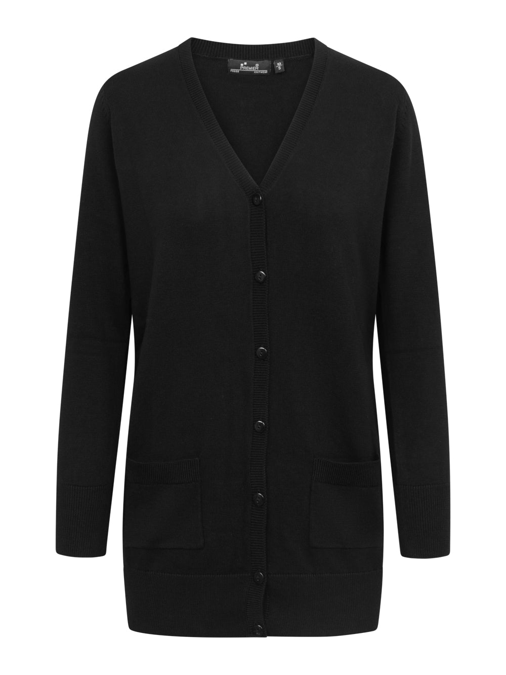 Musta Nelli-neuletakki. Pitkät hihat. Malli ylettyy lantion alapuolelle. Napit edessä ja paikkataskut. V-pääntie. 