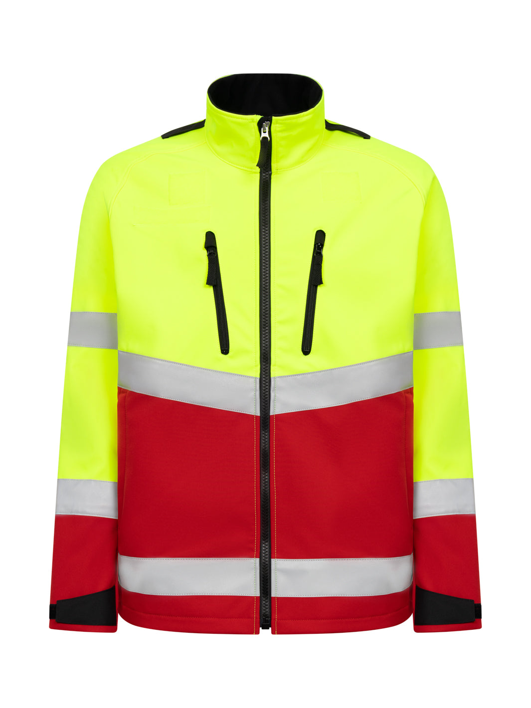Ekku Softshell takki ensihoidolle. Väri kelta-punainen. Heijastinnauhat miehustassa ja hihoissa. Vetoketju edessä ja vetoketjulliset rinta-ja sivutaskut. Pieni pystykaulus.