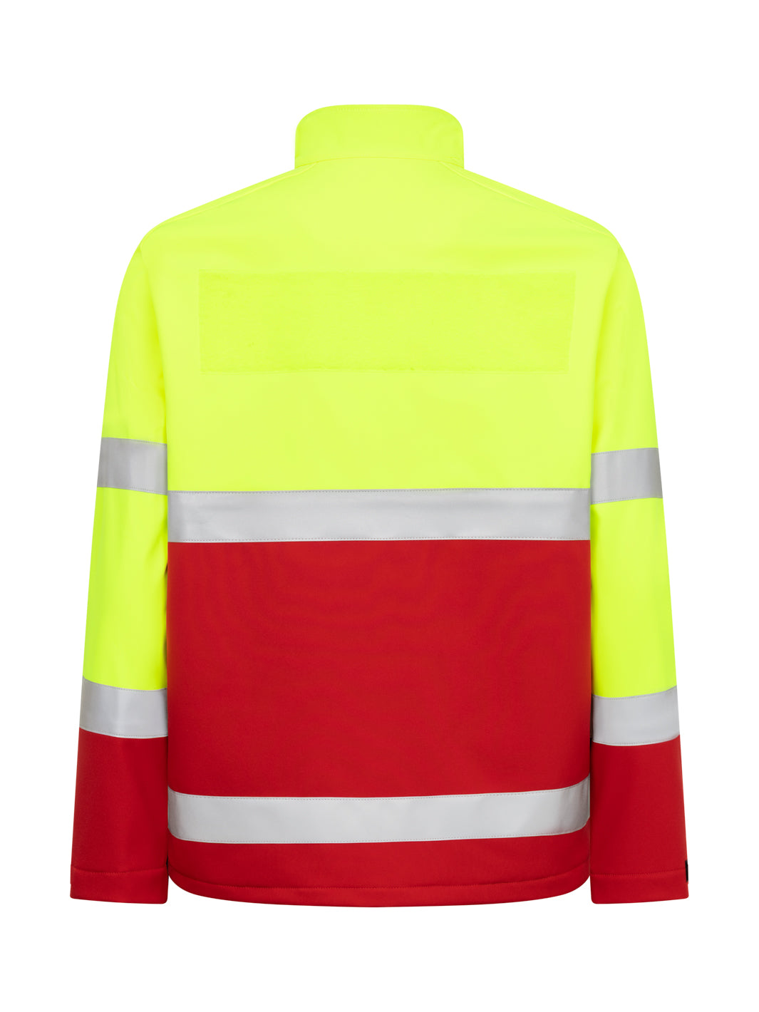 Ekku Softshell takki näkyvässä kelta-punaisessa värissä ensihoidolle. Takki takaapäin kuvattuna. Heijastinnauhat miehustassa ja hihoissa. 