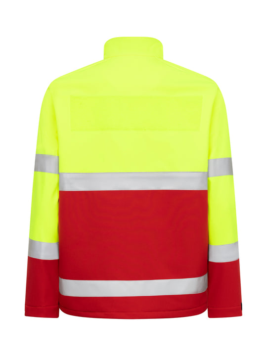 Ekku Softshell takki näkyvässä kelta-punaisessa värissä ensihoidolle. Takki takaapäin kuvattuna. Heijastinnauhat miehustassa ja hihoissa. 