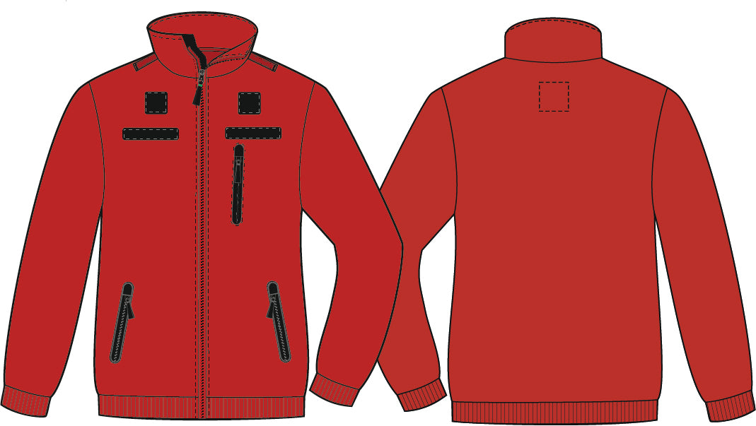 Kuvassa ensihoidon punainen svetari-takki edestä ja takaapäin kuvattuna. 