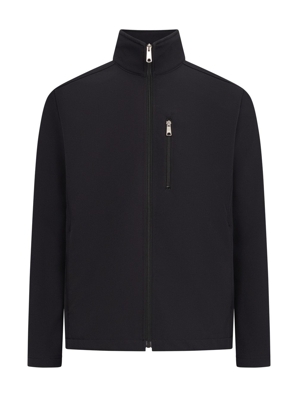 Tummansininen softshell takki. Edessä vetoketjukiinnitys ja vetoketjullinen rintatasku. Sivutaskut. Pieni pystykaulus. 