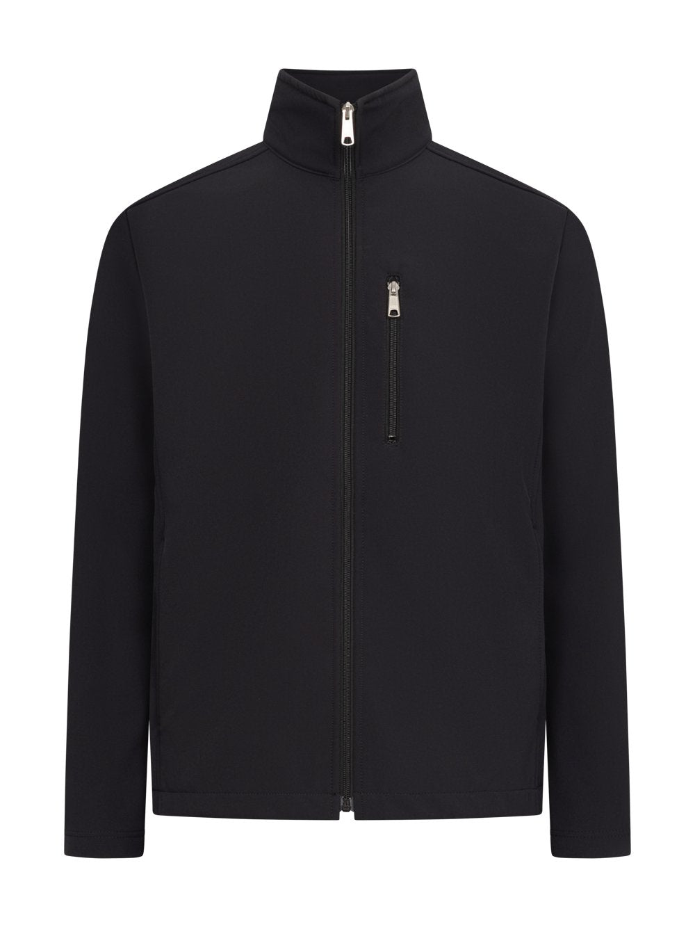 Kuvassa Image Wearin tummansininen Softshell-takki. Edessä vetoketju ja vetoketjullinen rintatasku ja sivutaskut. Pieni pystykaulus. 