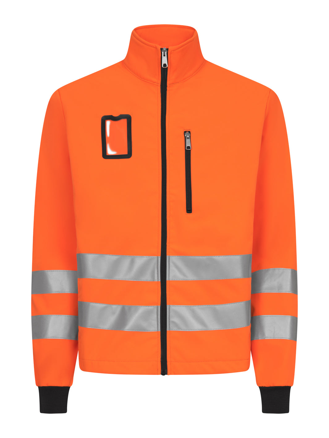 Näkyvä oranssi softshell-takki. Vetoketju edessä ja vetoketjullinen rintatasku. ID-korttikotelo. Heijastinnauhat. 