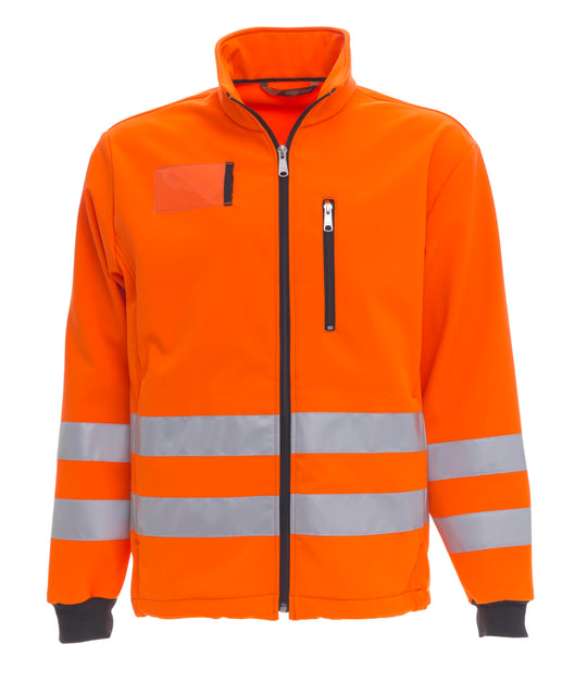 Huomiovärinen oranssi Softshell takki. Edessä vetoketju ja vetoketjullinen rintatasku. Pystykaulus. Heijastinnauha miehustassa ja hihoissa. Rinnassa läpinäkyvä käyntikorttikotelo. 