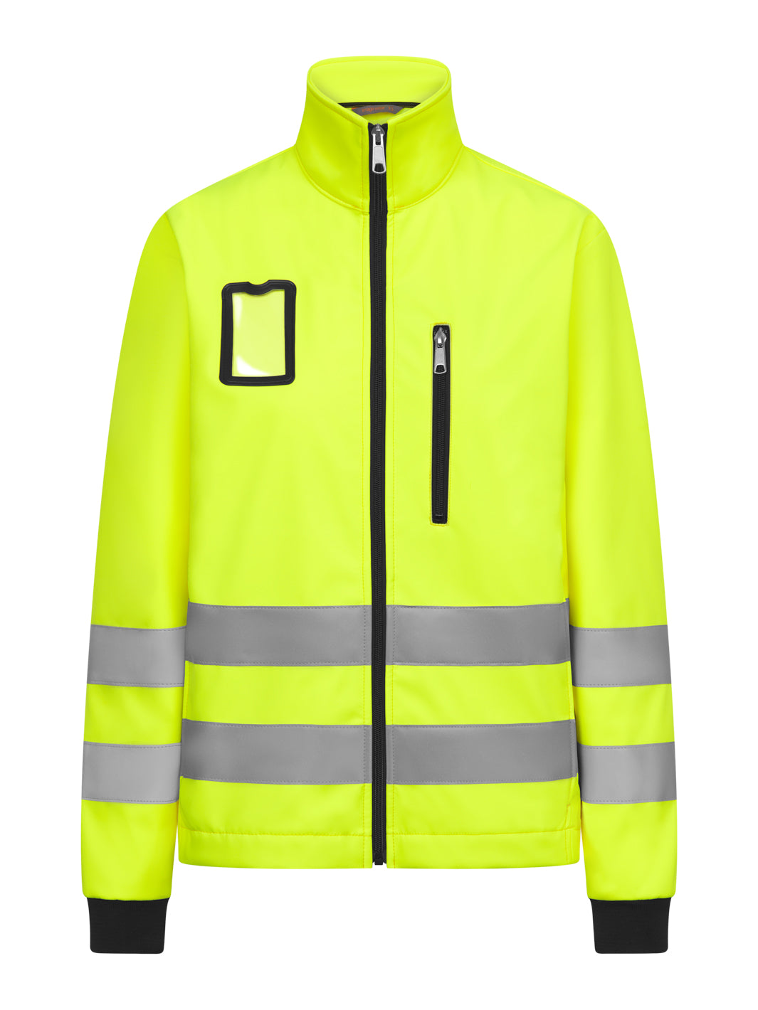 Näkyvä keltainen softshell-takki. Vetoketju edessä ja vetoketjullinen rintatasku. ID-korttikotelo. Heijastinnauhat. 