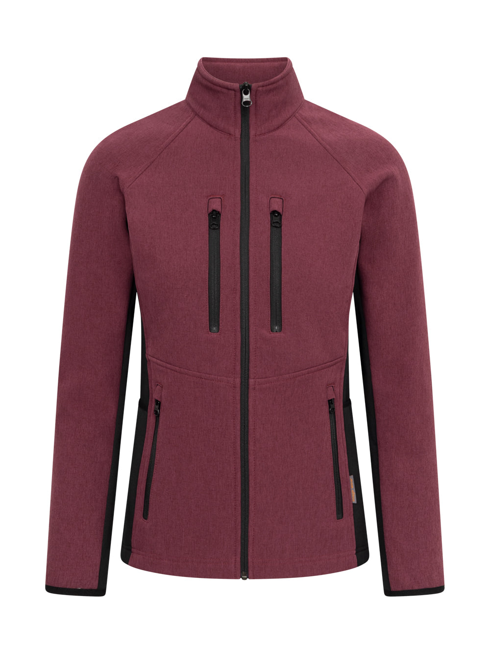 Meleerattu viininpunainen naisten softshell-takki. Edessä vetoketju ja vetoketjulliset ala- ja ylätaskut. 