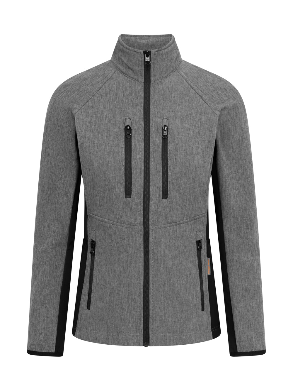 Meleerattu harmaa naisten softshell-takki. Edessä vetoketju ja vetoketjulliset ala- ja ylätaskut. 