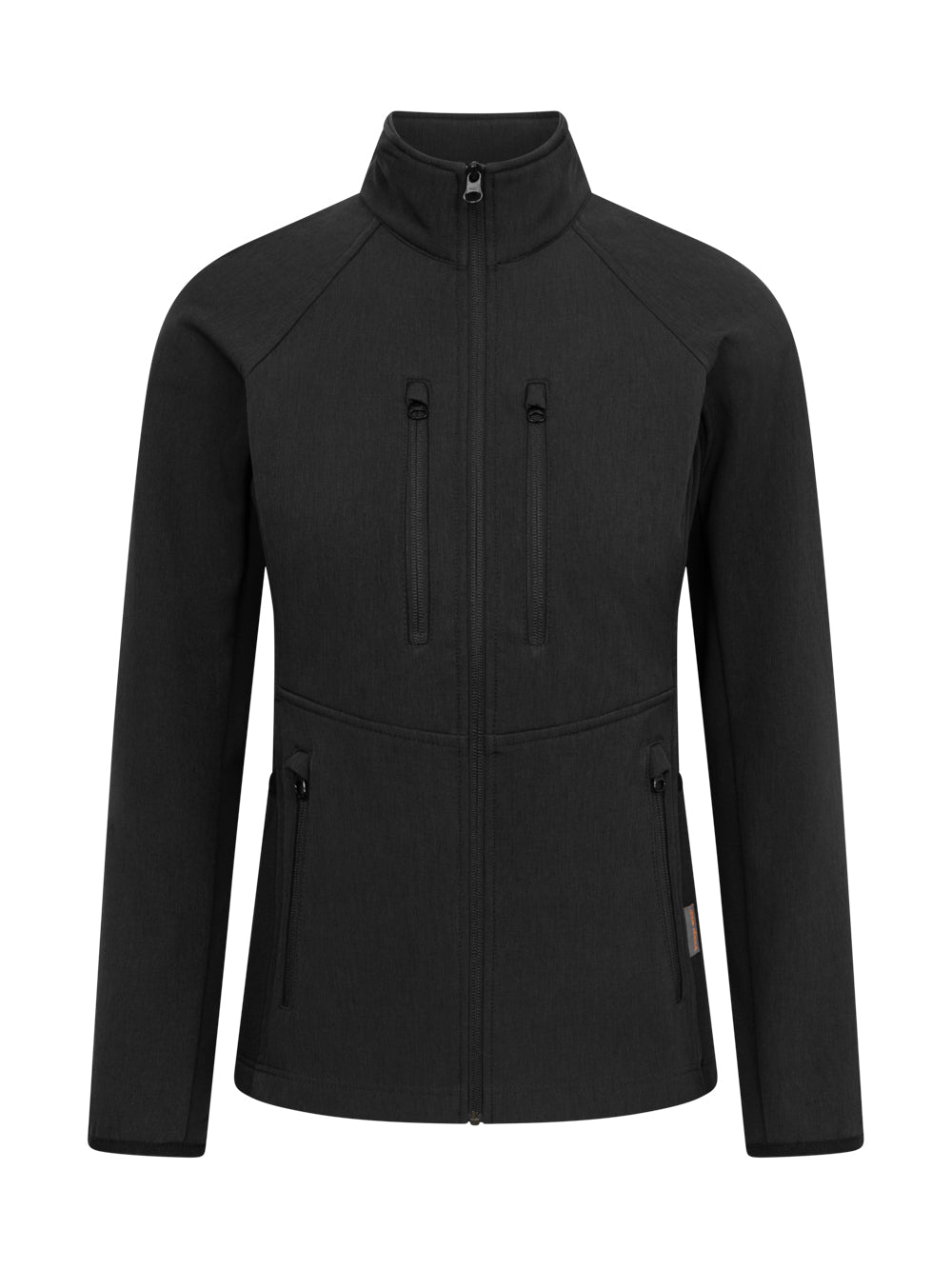 Image Wearin meleerattu musta naisten softshell-takki. Edessä vetoketju ja vetoketjulliset ala- ja ylätaskut. 