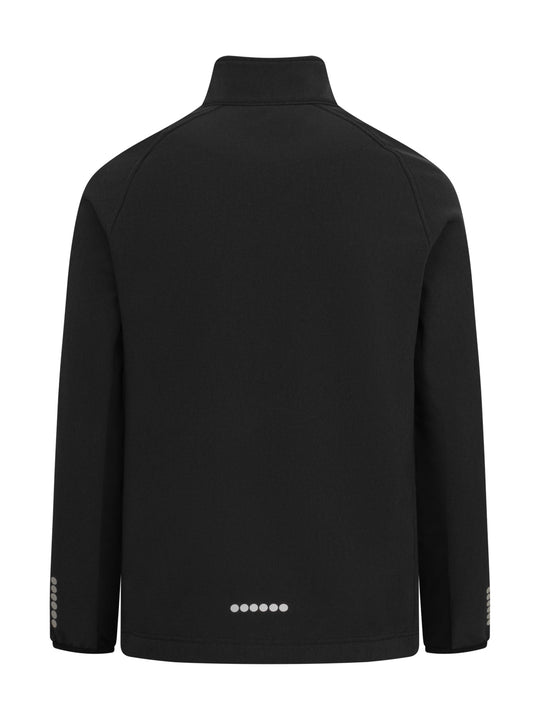 Meleerattu musta softshell-takki takaapäin kuvattuna. 