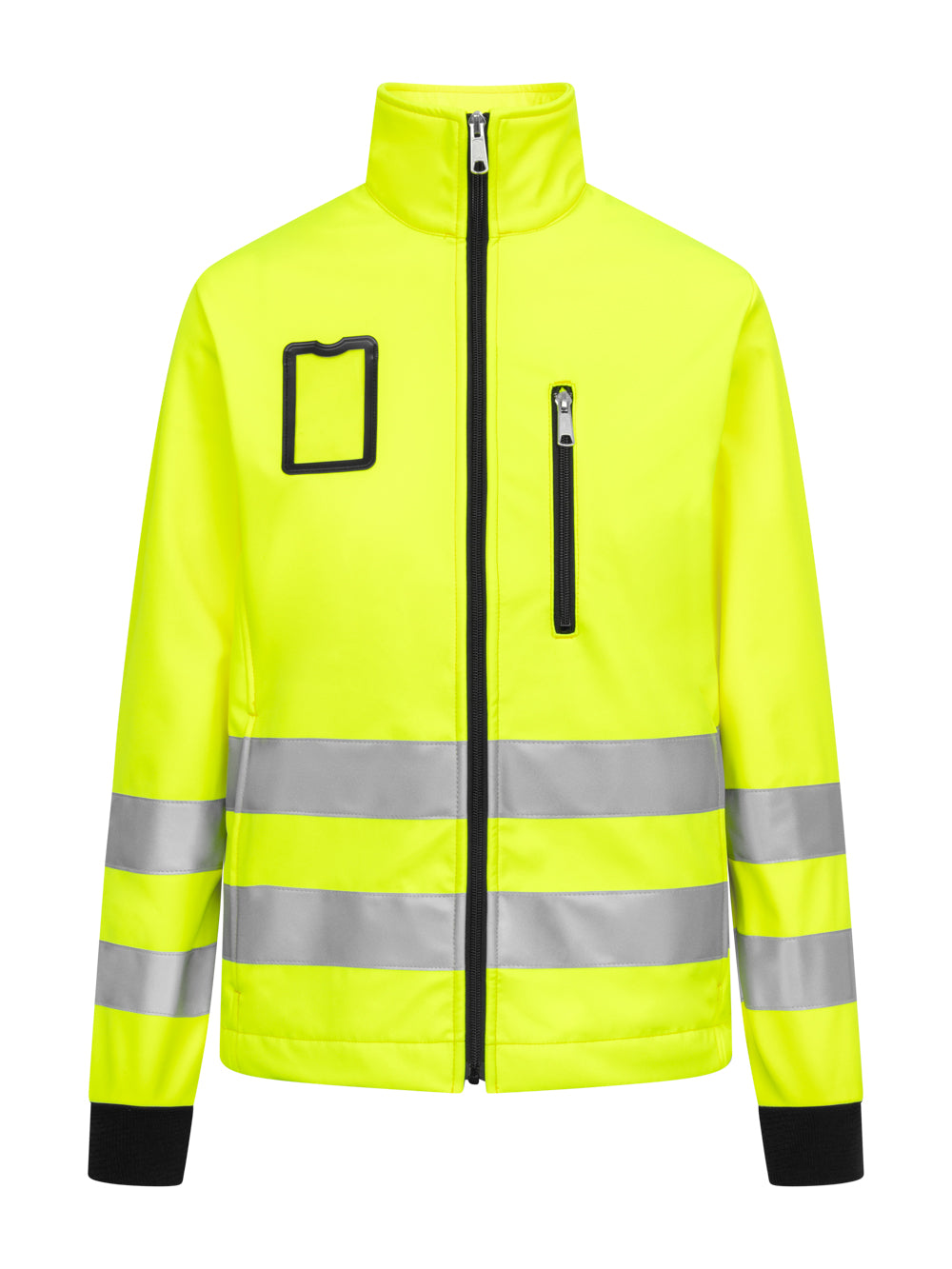 Keltainen naisten varoitussoftshell-takki. Vetoketju edessä ja vetoketjullinen rintatasku sekä käyntikorttikotelo. Heijastinnauhat edessä ja hihoissa. Hihoissa musta resori hihansuussa. Pystykaulus. 