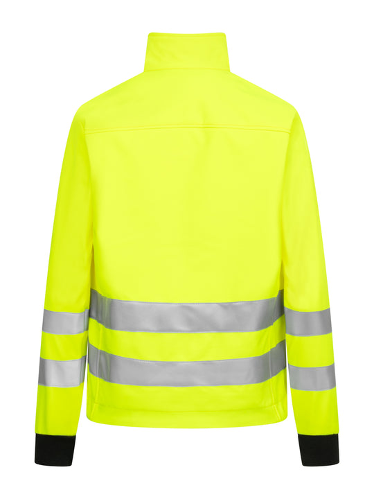 Keltainen naisten varoitussoftshell-takki takaapäin kuvattuna. 