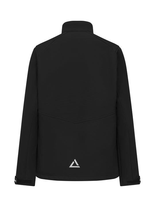 Mustan välikausitakki takaapäin kuvattuna. Alhaalla keskellä heijastinmerkki. 