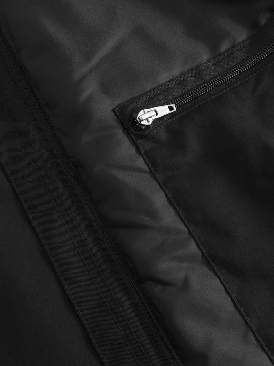 Yksityiskohtakuva mustan välikausitakin vetoketjullisesta povitaskusta. 