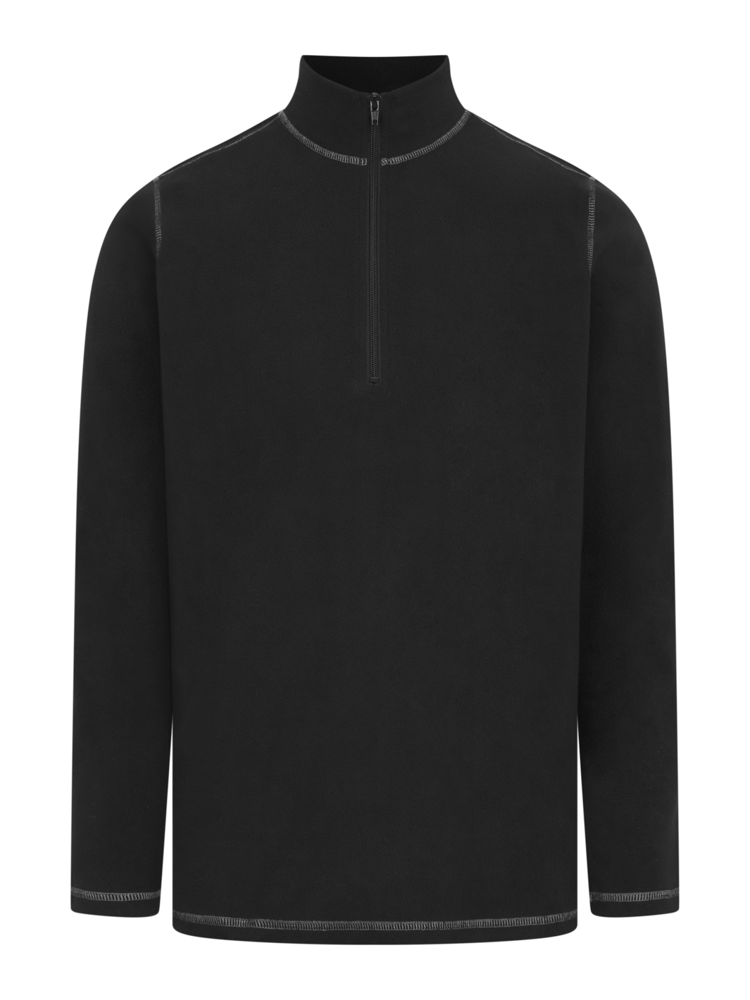 Musta väliasun fleecepaita. Pystykaulus, jossa vetoketju. Harmaat interlock-tikkaukset